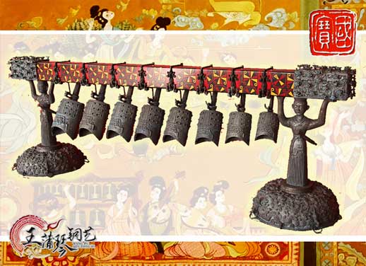 8件古編鐘，銅人銅座裝飾，可發(fā)音